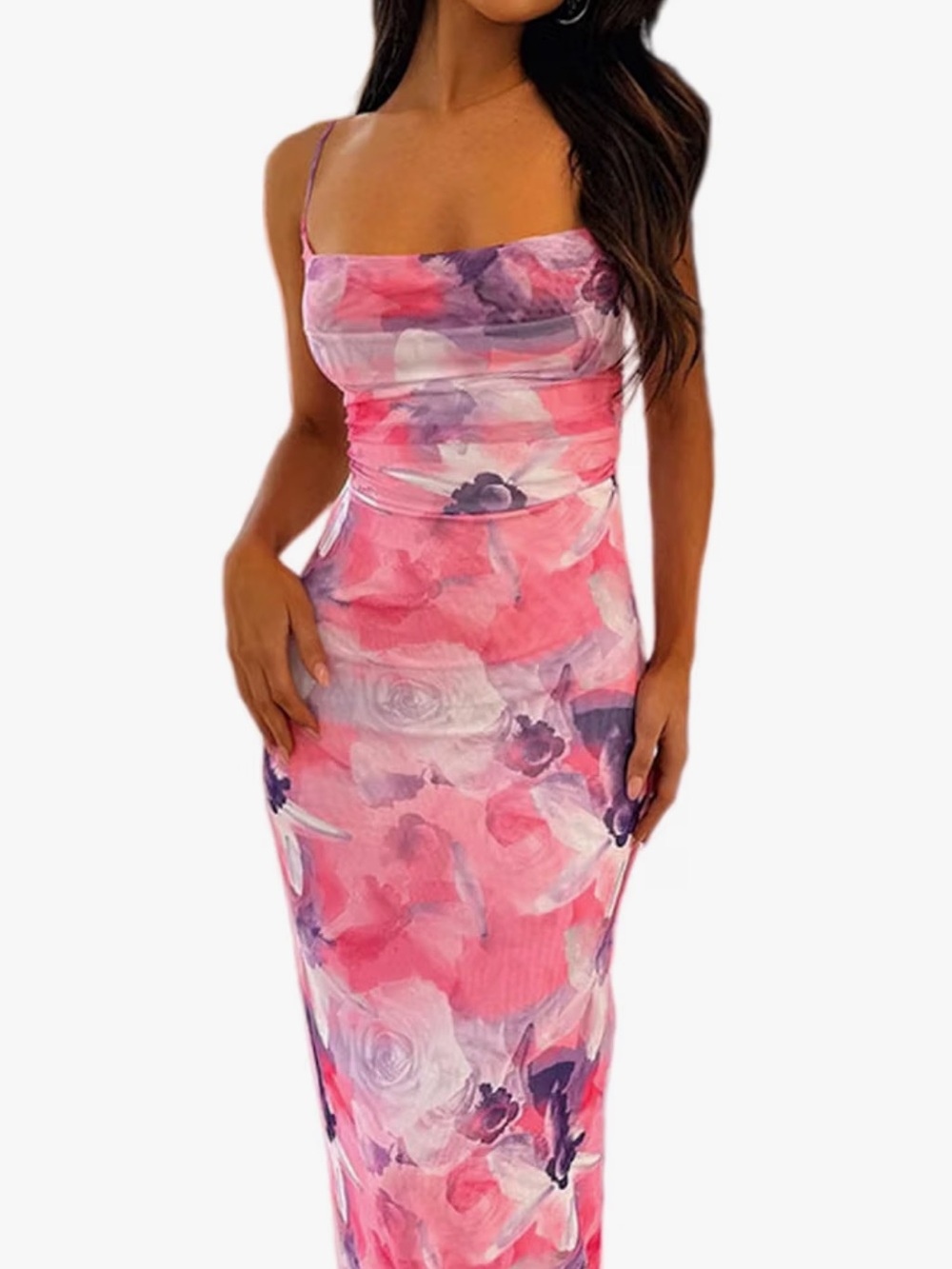 Spaghetti Strap maxi Dress for Women Floral Sleeveless Halter Size XL pink purpl